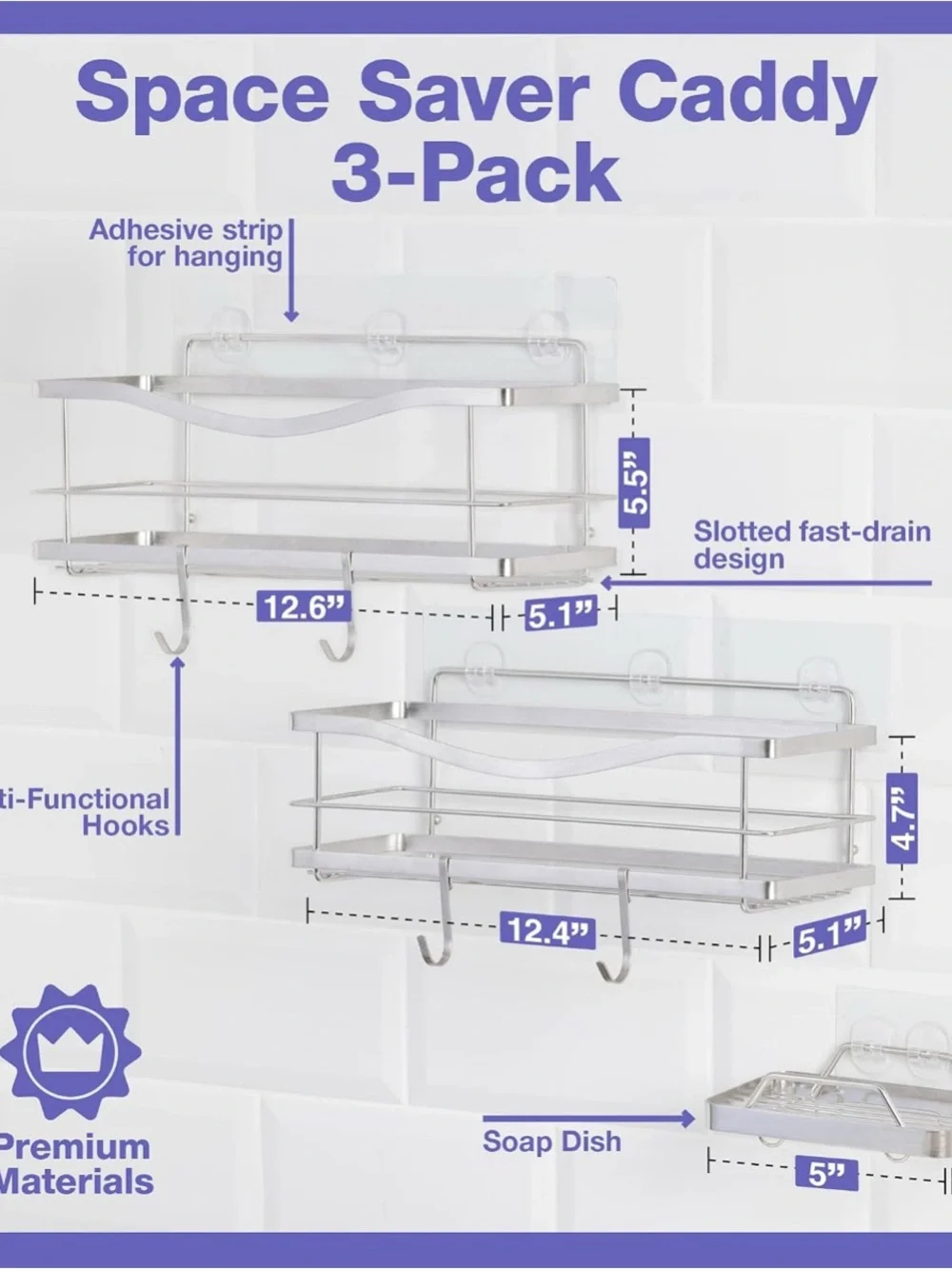 KINCMAX 3-Pack Metal Adhesive Shower Caddy/Organiser w/ Hooks Brushed Silver